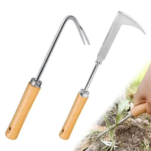 mizikuu 2 Stück Unkrautstecher, Unkrautstecher Edelstahl mit Holzgriff Doppelseitiges Scharfes Edelstahlmesser V-förmige Wurzeljäter Unkraut Entferner Gerät für Jäten, Umpflanzen, Lösen Usw