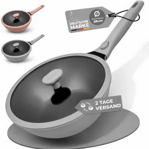 TRAUMLEBEN Wokpfanne 28 cm mit Deckel – abnehmbaren Griffen & Antihaftbeschichtung