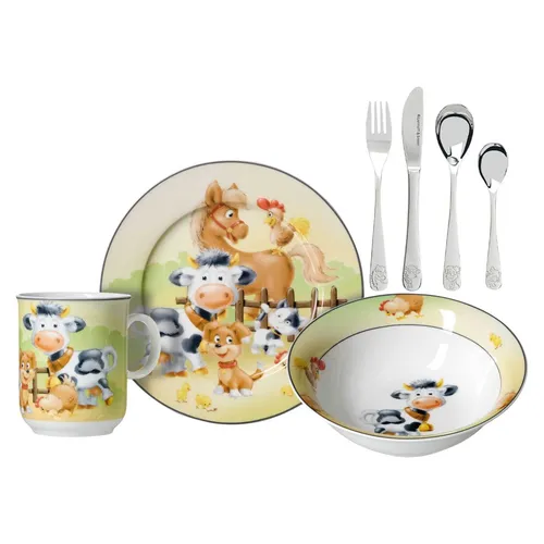 Ritzenhoff & Breker Kindergeschirr mit Besteck Hoftiere - Kinderbesteck Set 3-teilig mit Tiermotiven, ideal für kleine Bauernhof-Fans. Fördert den Spaß am Essen und macht jede Mahlzeit zu einem Abenteuer!