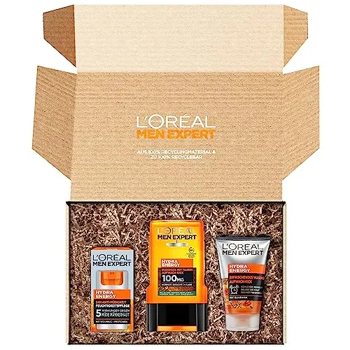 L'Oréal Men Expert Pflegeset gegen müde Haut für Männer - Hautpflegeset & -kits mit Waschgel, Duschgel und Gesichtscreme, ideal zur Erfrischung und Stärkung müder Männerhaut – für ein waches Aussehen.