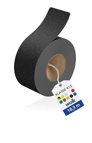 wolk Antirutsch Klebeband R13 Schwarz (75,0 mm x 18,3 m) – Selbstklebendes Anti-Rutschband für Treppen, Rampen & Böden – Rutschhemmung nach BGR 181 – Innen & Außen, extrem belastbar