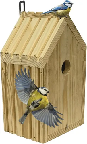 Modo24 Vogelhaus Meisen Nistkasten aus FSC® Holz mit 2,8 cm Einflugloch und mit Heu, Brutkasten mit Reinigungsklappe, Futterhaken für Garten, 26×15×12 cm