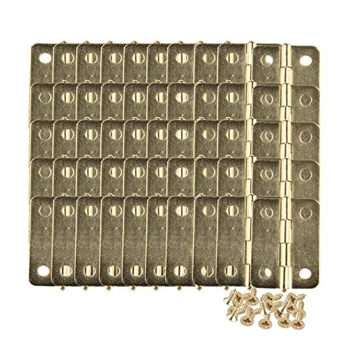 HALJIA 50 Stück Mini Scharnier-Anschlüsse für Schmuck, Schrank, Schublade, mit Messing beschichtet, 23 x 19 mm, mit 200 Stück Ersatzschrauben