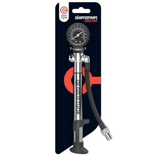 Optio Cycle Dämpferpumpe 600 PSI - Hochdruckpumpe für Fahrrad - Luftpumpen mit präzisem Manometer für einfaches Aufpumpen von Stoßdämpfern wie Rockshox und Fox. Ergonomisches Design sorgt für komfortable Handhabung und genaue Druckmessung.