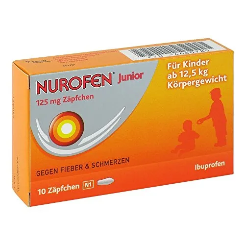 Nurofen Junior 125mg Zäpfchen - Schnelle Hilfe bei Fieber und Schmerzen - Schmerzen & Fieber: Effektive Linderung für Kinder ab 2 Jahren mit 125mg Ibuprofen pro Zäpfchen, ideal bei Schluckbeschwerden oder Erbrechen.