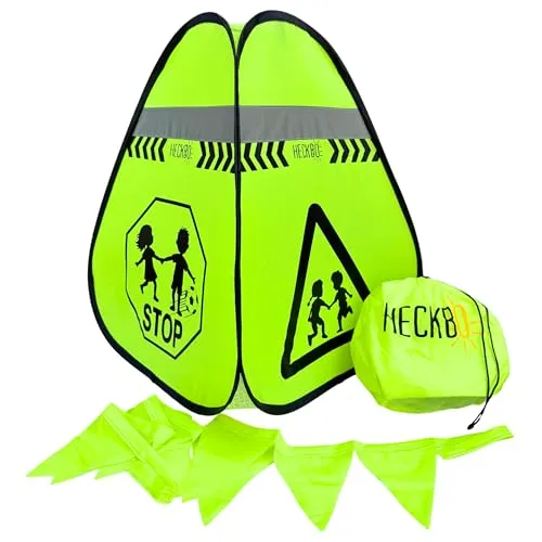 HECKBO 1x Pylone Achtung Kinder Schild spielende Pylonen Pylone + Wimpelkette