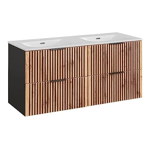 Lomadox Waschtisch XANTEN-56 – 120 cm Doppelwaschtisch in Anthrazit mit Eiche Nb. schwarz - Waschtische: Stilvoller Doppelwaschtisch mit zwei Becken für gleichzeitige Nutzung, ideal für Paare oder Familien. Mit Softclose-Schubladen für optimalen Stauraum und modernes Design.