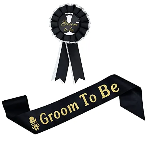 AIBAOBAO 2 Stücke JGA Deko Männer, Bräutigam Schärpe Abzeichen Satz inklusiv Bräutigam Satin Schärpe Bräutigam, Groom to Be Schärpe für Junggesellenabschied, Verlobung Engagement Feier Zubehör Bedarf
