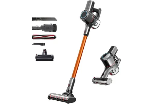 KLAMER Akku-Hand- und Stielstaubsauger 420 Watt - Beutelloser Stielstaubsauger mit 2 Akkus und 420 W Leistung. Ideal für Hartböden und Teppiche, ausgestattet mit LED-Display und Frontlicht für beste Sichtbarkeit.