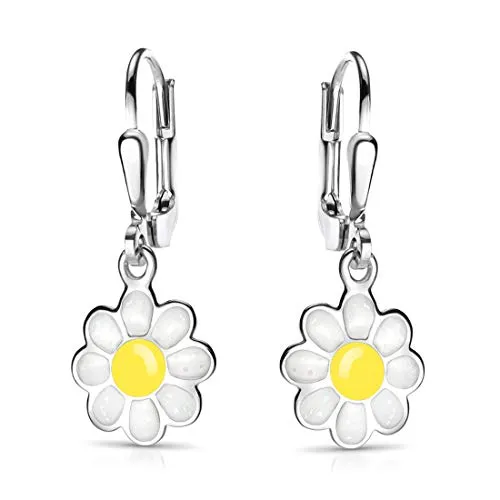 MATERIA Kinder-Ohrringe Blumen Echt Silber 925 - Ohrhänger Gänseblümchen Blüte hängend Emaille SO-400-Weiß