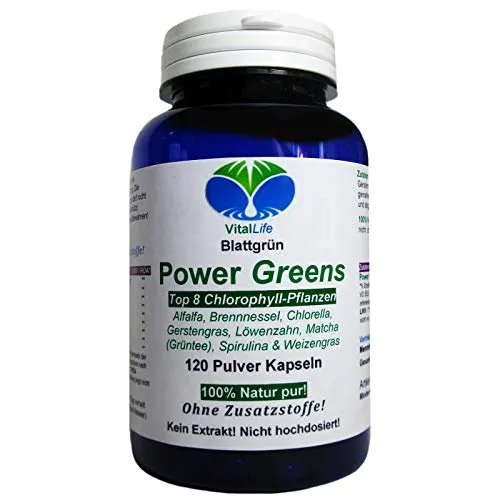 Power-Greens 120 Kapseln Chlorophyll Alfalfa Brennnessel Chlorella Gerstengras Löwenzahn Matcha Spirulina Weizengras - 100% Natur Pur [OHNE Zusatzstoffe] 26331