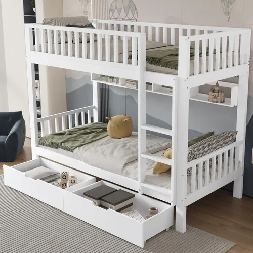 Etagenbett mit 2 Liegeflächen, Lattenrost und Rausfallschutz, 90x200 cm - Praktisches Etagenbett mit 2 Liegeflächen, ideal für Kinderzimmer. Umbaufähig zu 2 Einzelbetten, inklusive stabiler Trittleiter und Stauraum-Schubladen. Aus robustem Kiefernholz für hohe Stabilität.