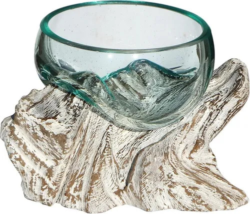 Wogeka Dekoschale Glas-Schale auf Teakholz Gamal Vase - Dekoschale aus Glas und Teakholz, handgefertigt aus Gamal Holz, jedes Stück ein einzigartiges Kunstwerk mit harmonischer Verbindung von Glas und Holz.
