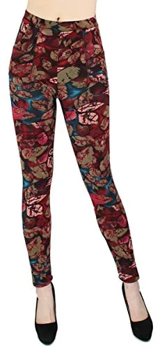 dy_mode Thermo Leggings Damen Thermohosen mit Innenfleece - WL025 (36/S, WL140-FallingLeaves)