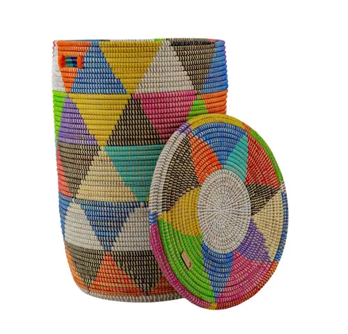 YAADU Wäschekorb mit flachem Deckel 80L – Wäschesammler, Wäschetruhe, Aufbewahrungskorb, Handgefertigt in Afrika aus traditioneller Flechtkunst