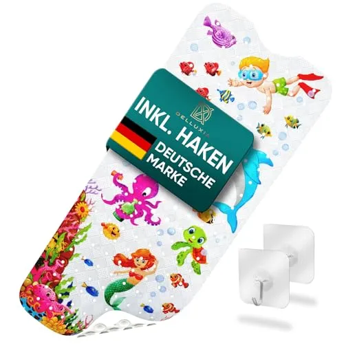 Delluxia Badewannenmatte Kinder rutschfest inkl. Aufhängung – Geruchsneutral schimmelresistent BPA frei - Badematte Kinder Antirutschmatte Badewanne Baby - Duschmatte Kinder Badewannenmatte rutschfest