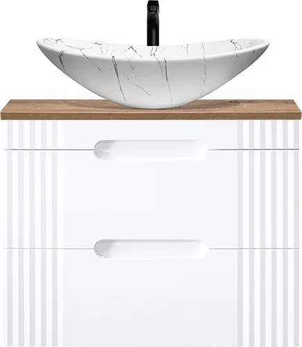 Waschtischunterschrank FAIRFIELD-56 mit Aufsatzwaschbecken 80cm in Weiß und Eiche Nb.