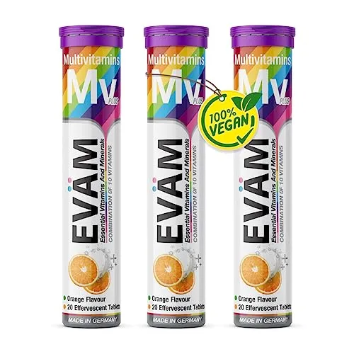 EVÄM Multivitamin Brausetabletten I Geschmack Orange I 3x 20 Stück I Nahrungsergänzungsmittel mit 10 wichtigen Vitaminen für den täglichen Vitaminbedarf I Vegan I Zuckerfrei I Made in Germany