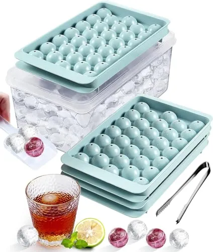 Litimkat Eiswürfelformen, Eiswürfelform für Gefrierschrank mit Behälter, Runde Eiswürfelform mit Deckel,Geeignet für Bier, Kaffee, Saft(3 Blaue Eiswürfelschalen & Eisbehälter & Schaufel & Eiszange)