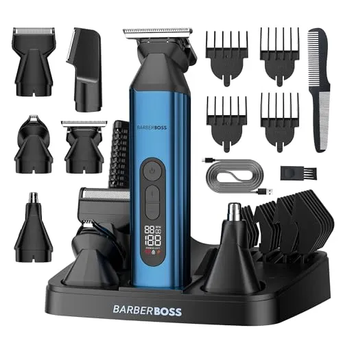 BarberBoss 5-in-1 Bartschneider für Männer, Haarschneider, Körperhaarschneider, Nasen und Ohrhaarschneider, Herren-Pflegeset, kabelloser, wiederaufladbarer Haarschneider, Herren-Pflegeset, QR-6020