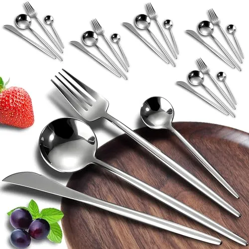 Retoo Besteck Set 6 Personen, 24-teiliges Besteckset, Essbesteck Set, Bestehend aus Messer, Gabel, Löffe, Teelöffel, Tafelbesteck für Haus, Party, Restaurant, Modernem und Schlichtem Design