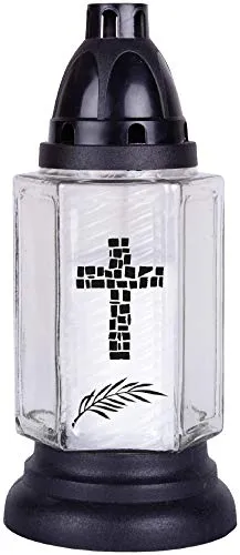 HS Candle Grableuchte aus Glas (24 cm) mit Kreuz inklusiv Kerze - Design Brava weiß