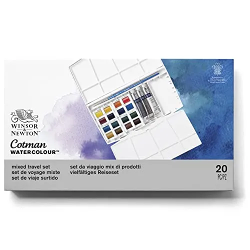 Winsor & Newton 0390375 Cotman Painting Box Aquarellfarben Set, lebendige Wasserfarben mit hoher Lichtechtheit, große Farbauswahl, Alterungsbeständig - 16 Farben in 1/2 Näpfen, 3 Farben in 5ml Tuben