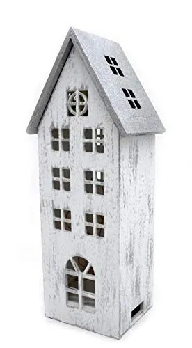DARO DEKO Holz LED Haus weiß Silber 12 x 31cm