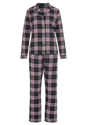 Lascana Damen Flanell Pyjama klassisch mit Reverskragen und Durchgehender Knopfleiste im Karo-Design 100% Baumwolle weich & angenehm zu tragen