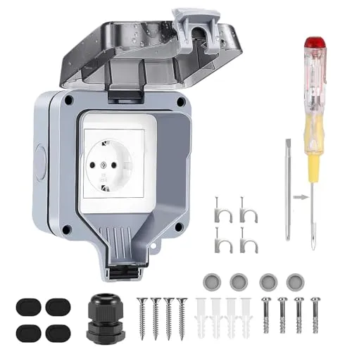 1-Fach Außensteckdose Steckdose, IP66 Wetterfest Outdoor Wandsteckdose 16A Gartensteckdose Aufputz Schutzkontakt mit Klappdeckel für Feuchtraum Garten den Aussenbereich Küche Garage