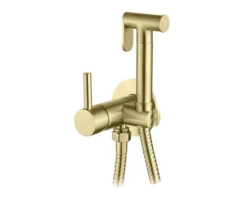 Bidet Kalt- und Warmwasser-Mischer-Set – Eingelassener Mischer mit Druckduschkopf und verstärktem Schlauch 1,2 m (gebürstetes Gold)