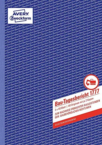 Avery Zweckform 1777 Bau-Tagesbericht (5 Stück) - Rechnungsformulare für Bauprojekte, selbstdurchschreibend mit 40 Blatt pro Bericht für gesetzeskonforme Dokumentation und einfache Nachverfolgung.