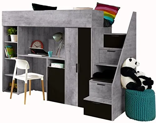 MEBLE KRYSPOL KONKRET 14 Hochbett für Kinder, Jugendliche mit Stauraum - Etagenbett mit Schreibtisch, Schrank, Regal, Schubladen, Treppe - 247x120x165 cm - Beton, Schwarz mat, Schwarz