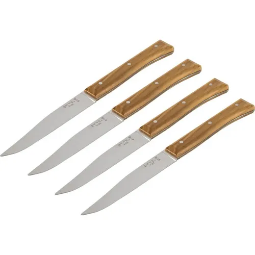 Opinel Facette Olive Tafelmesser-Set, 4-teilig aus rostfreiem MA5 Stahl - Tafelmesser-Set aus rostfreiem MA5 Stahl, ergonomische Griffe aus hochwertigem Holz für optimalen Schneidekomfort und stilvolle Tischgestaltung.