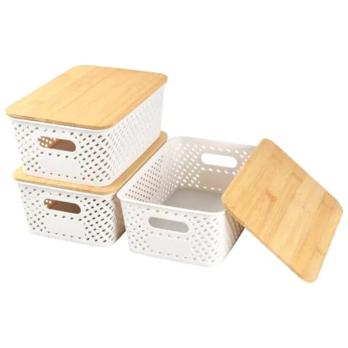 Mapille 3 Stücke Aufbewahrungsbox mit Bambus Deckel Bad 25x18x10cm Kunststoff Aufbewahrungskorb 5L Plastikbox Weiß Lidded Stapelboxen Badezimmer Küche Aufbewahrungsboxen Rattan Organizer Box for Regal