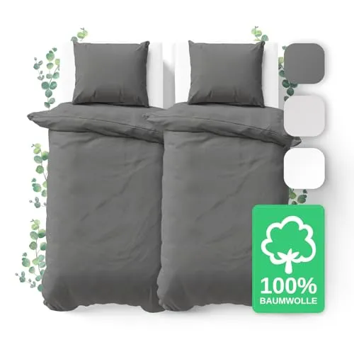 JACOBSON Bettwäsche 135x200 Set - 100% Baumwolle - 2 Bettbezüge 135x200 cm + 2 Kissenbezüge 80x80 cm, Perkal Bettwäsche 4-teilig mit Reißverschluss (135x200cm, Anthrazit, 4-teilig)