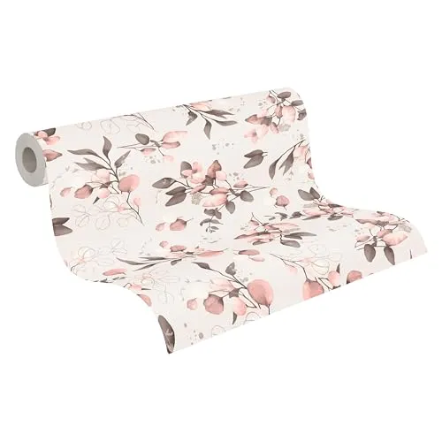 A.S. Création Pure Elegance Vliestapete mit floralem Muster 0,53 x 10,05 m – Rosa, Pink, Gold - Tapete mit Blättermotiv Made in Germany - 397681