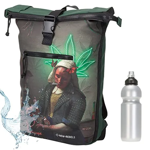 New Rebels Rucksack Plane Time Bag Kurierrucksack Roll-up Fahrradrucksack Sport Fitness + Flasche (Ganja Art 63 (Green Smoke))