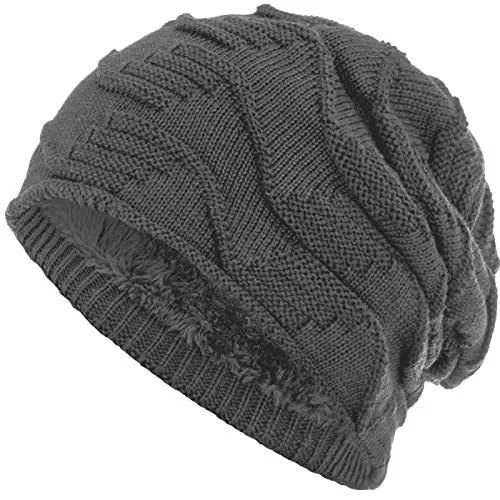 Compagno Mütze warm gefütterte Wintermütze Elegantes Strickmuster Beanie Einheitsgröße, Farbe:Grau