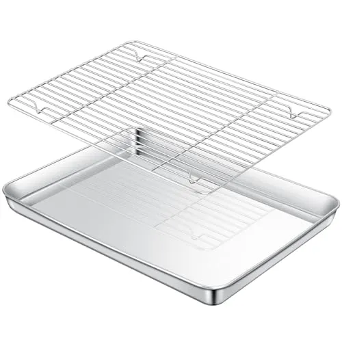 Cozary Backblech Edelstahl mit Abkühlgitter,40x30x2.5cm,304 Edelstahl Groß Backform Rechteckig Ofenblech mit Kuchengitter Set, Antihaft-Backblech, ungiftig & leicht zu reinigen