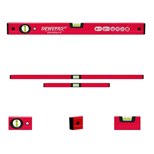 DEWEPRO 2-tlg. Profi-Set - Aluminium Wasserwaage - rot lackiert - 2-teilig - Längen: 100cm + 200cm - Messtoleranz: 0,5mm/m - Aluwasserwaage Aluminiumwasserwaage
