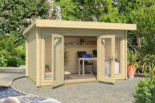 Gartenhaus Blockhaus DORSET 1 - 34 mm, 410 x 270 cm - Modernes Gartenhaus aus naturbelassenem Holz, mit Fußboden und abschließbarer Doppeltür. Ideal als Home Office oder Stauraum, einfache Montage und 5 Jahre Herstellergarantie.