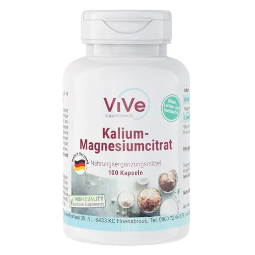 Kalium-Magnesiumcitrat - 100 vegane Kapseln - essentielle Mineralstoffe - gut bioverfügbar - sichere Dosierung | Qualität aus Deutschland von ViVe Supplements