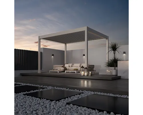 Weide Pergola Deluxe Plus Elektr. Terrassenüberdachung Alu LED 3x4 M - Gestalten Sie Ihre Terrasse wetterfest und flexibel mit der Weide Deluxe Plus Pergola. Das verstellbare Lamellendach bietet individuelle Lichtsteuerung und optimalen Schutz bei Regen. Inkl. LED-Beleuchtung für stimmungsvolle Abende.
