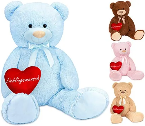 BRUBAKER XXL Teddybär 100 cm Hellblau mit einem Lieblingsmensch Herz Stofftier Plüschtier Kuscheltier