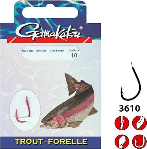 Gamakatsu Trout LS-3610 - 10 gebundene Forellenhaken, Länge:100cm, Hakengröße/Schnurdurchmesser:Gr. 10 / 0.18mm