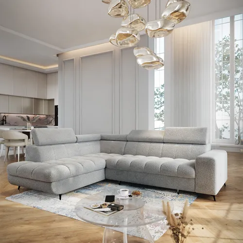 Masseno Ecksofa MORIVA Q L-S mit Schlaffunktion – Hellgrau - Elegantes Ecksofa mit Schlaffunktion und Stauraum für Bettzeug. Ideal für Wohnzimmer und Gäste, vereint Komfort und modernes Design. Verleihen Sie Ihrem Raum Stil und Funktionalität!