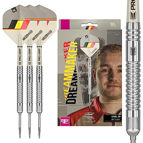 Target Darts Dimitri Van den Bergh Dream Maker G2 21G - Steel-Dartpfeile mit 90% Tungsten und Swiss Point Technology für individuelles Spitzenmanagement. Entwickelt von Darts-Profi Dimitri Van den Bergh für optimale Präzision und Grip.