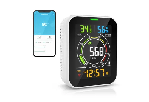 Brandson CO2-Messgerät - Raumluft-Qualitätssensor mit WLAN - Klimasensor für präzise CO2- und Luftqualitätsmessung, komfortable App-Steuerung und individuelle Alarmgrenzwerte für optimale Raumluft.
