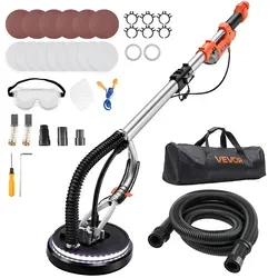 VEVOR Trockenbauschleifer, 1010 W Deckenschleifer mit 255 mm Schleifteller, Langhalsschleifer mit 1000–2200 U/min Drehzahl, Doppelwandiger LED, Ausziehbarem Griff, 15 Schleifscheiben, Staubschlauch